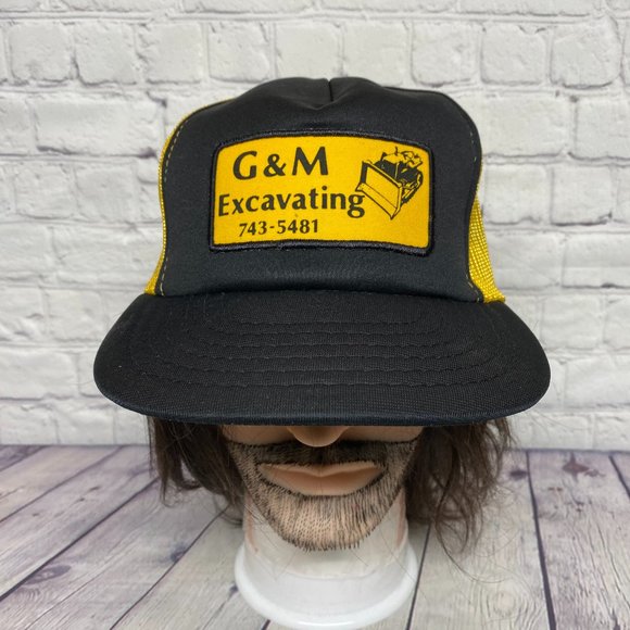Vintage Trucker Hat Mesh Cap Snapback Black Yellow G&M Excavating Patch Logo 80s - Picture 1 of 8